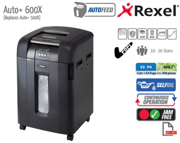 Rexel Auto+ 600x 2103500a Auto Feed 600 Sheet Cross Cut Shredder